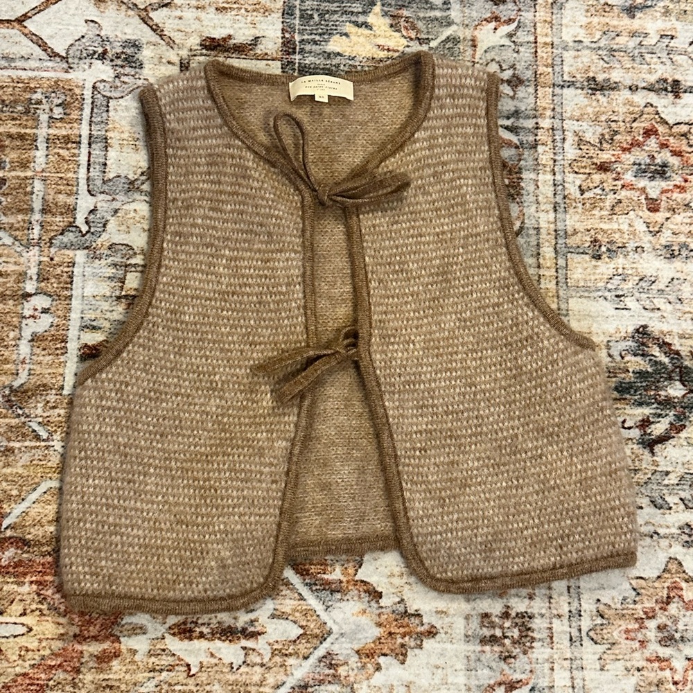 Sezane Pepy Tie Cardigan Vest XS Mottled Beige